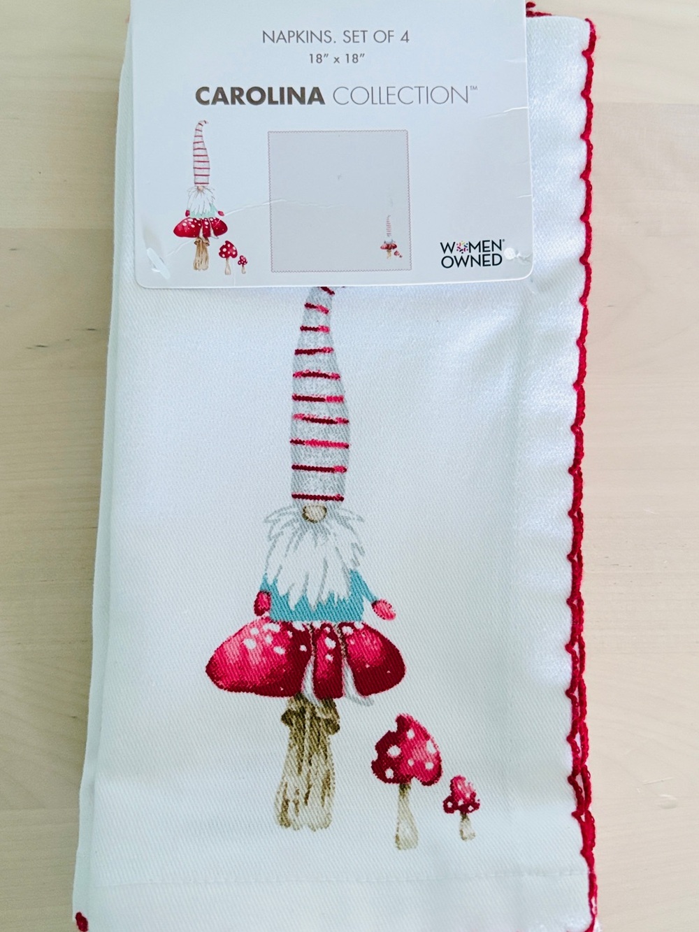 New Carolina Collection Gnome & Mushroom Napkins - set of 4 18”x18”
